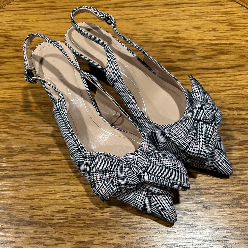 *ZARA* Trafaluc Black x White Plaid Slingback Kitten Heels Size 37 - Picture 1 of 11
